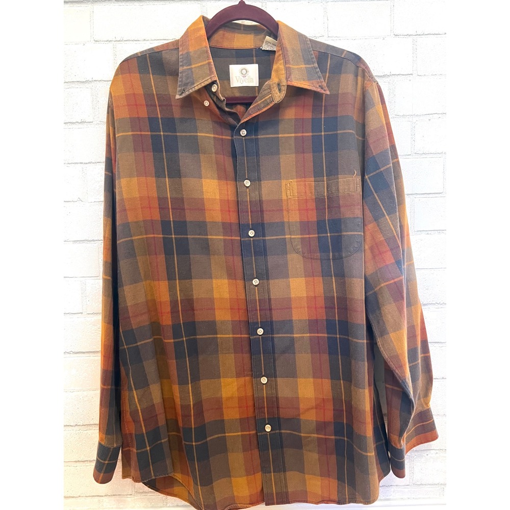Viyella Mens Plaid Button Down Shirt L Cotton Wool Blend Earth Tone Brown Orange
